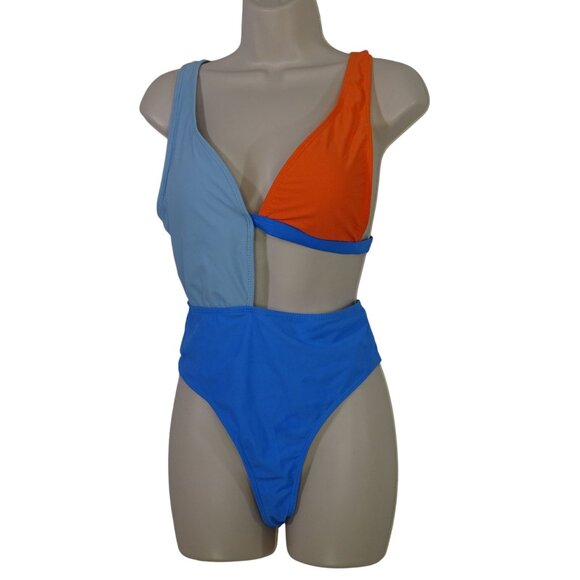 Shein Colorblock One-Piece Swimsuit Women Size L 8 10 Blue Orange Bleach Swim - Picture 1 of 9